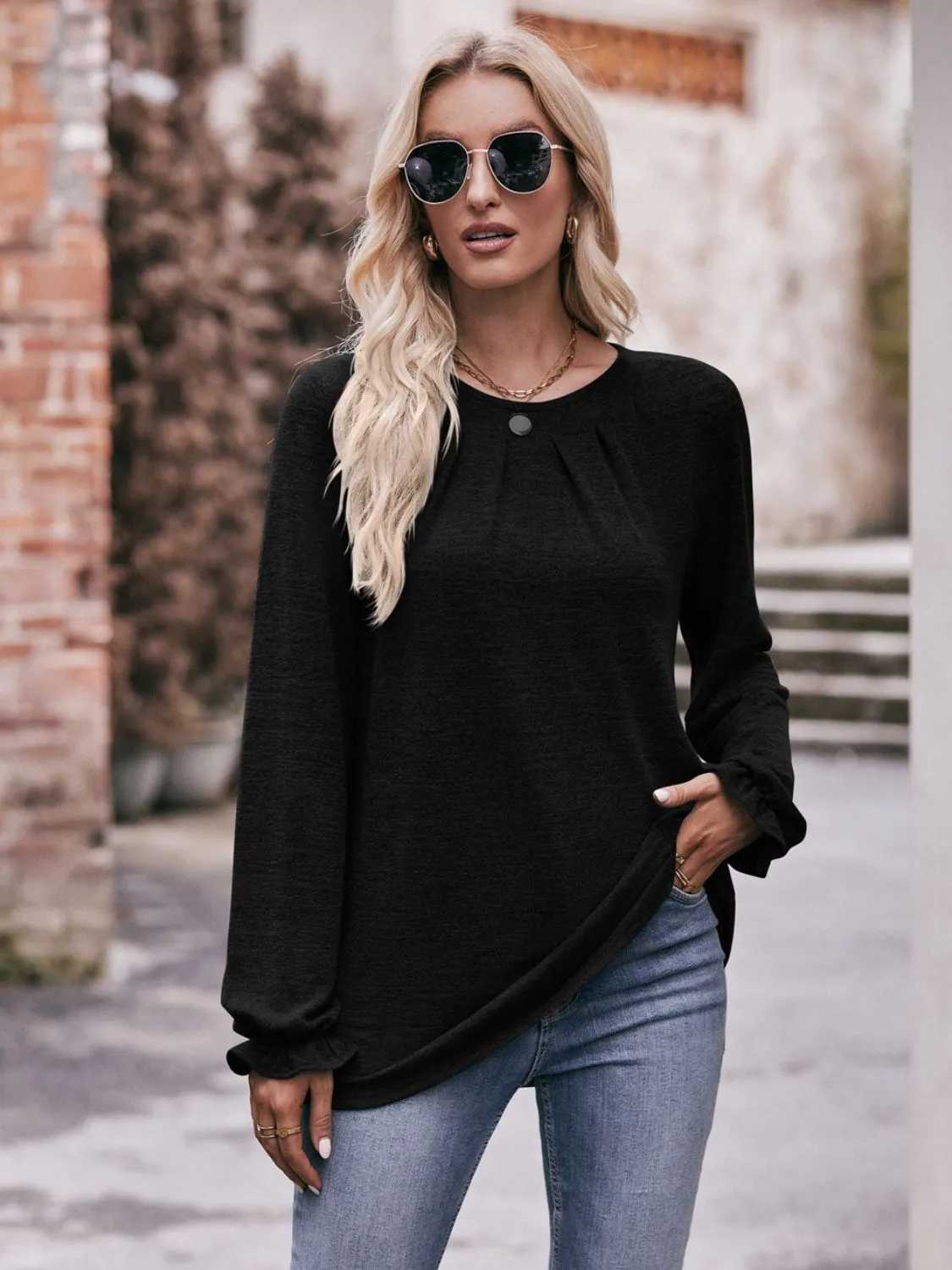 * APP EXCLUSIVE* Long Flounce Sleeve Round Neck Blouse