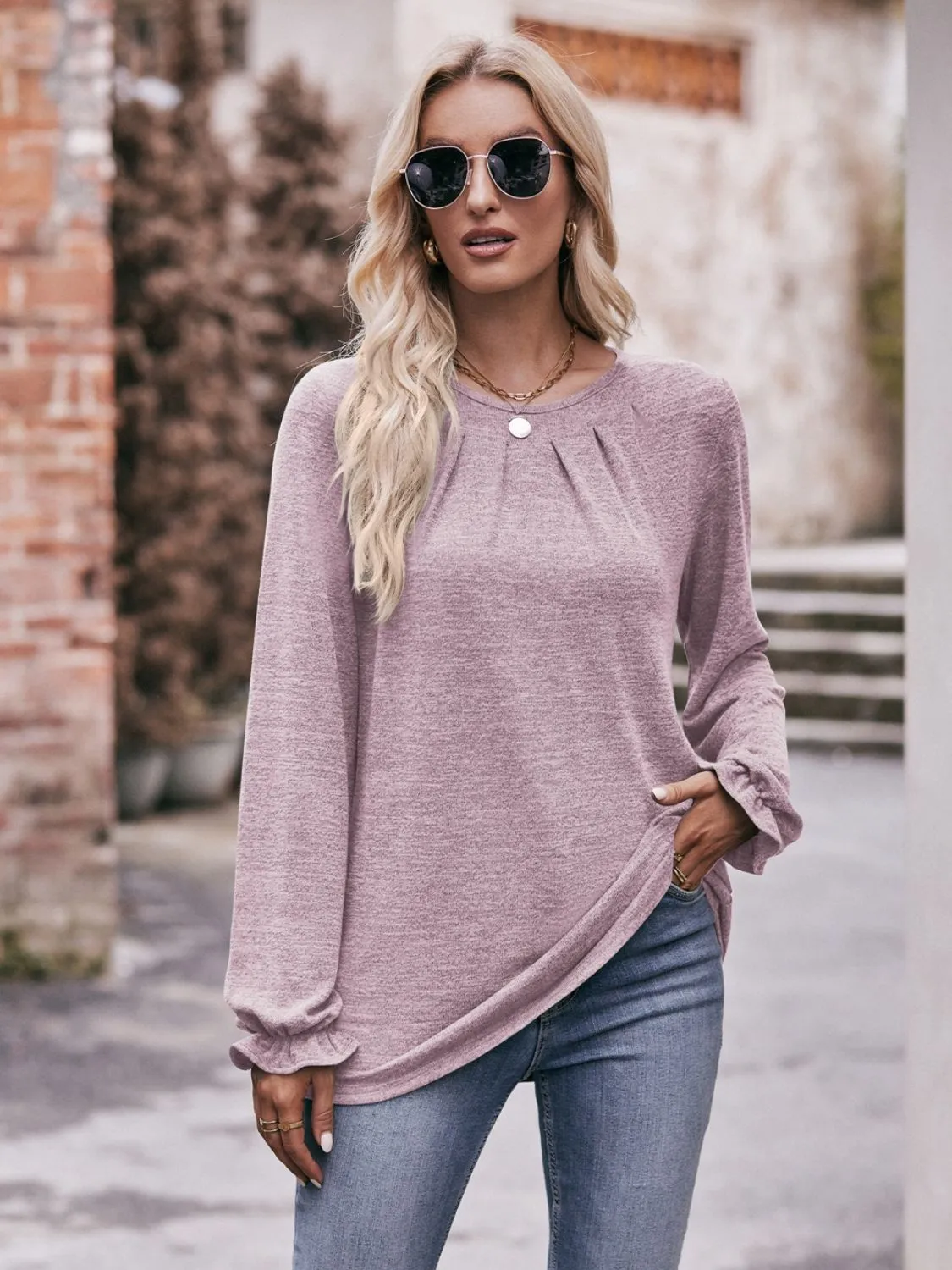 * APP EXCLUSIVE* Long Flounce Sleeve Round Neck Blouse