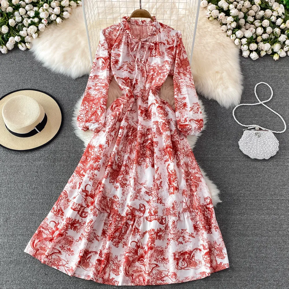 A line long sleeve floral dress fashion dress    S264