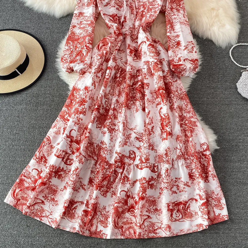 A line long sleeve floral dress fashion dress    S264