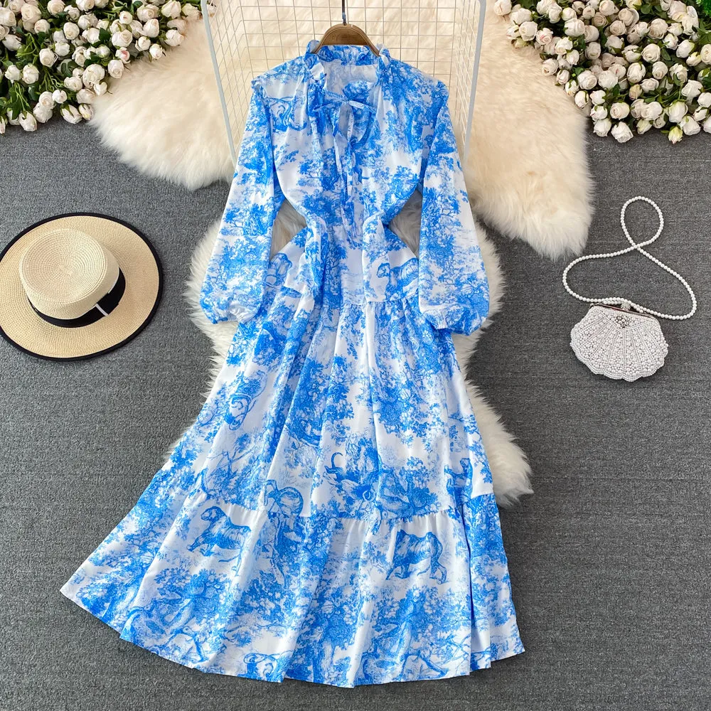 A line long sleeve floral dress fashion dress    S264