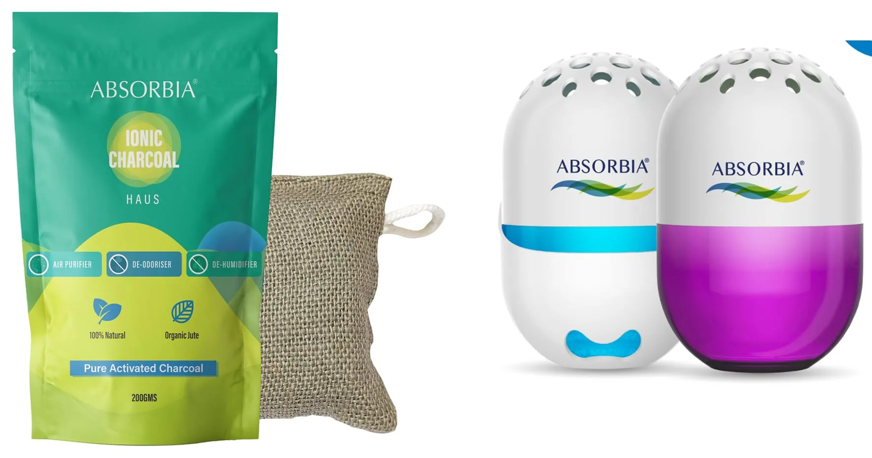 Absorbia Water Based Low VOC (GOLF) Gel Air Freshener pack of 2 (100 gm Each) & ABSORBIA IONIC HAUS Pure Activated Charcoal Air Purifyer, made with Organic Jute Bag 200 Gms