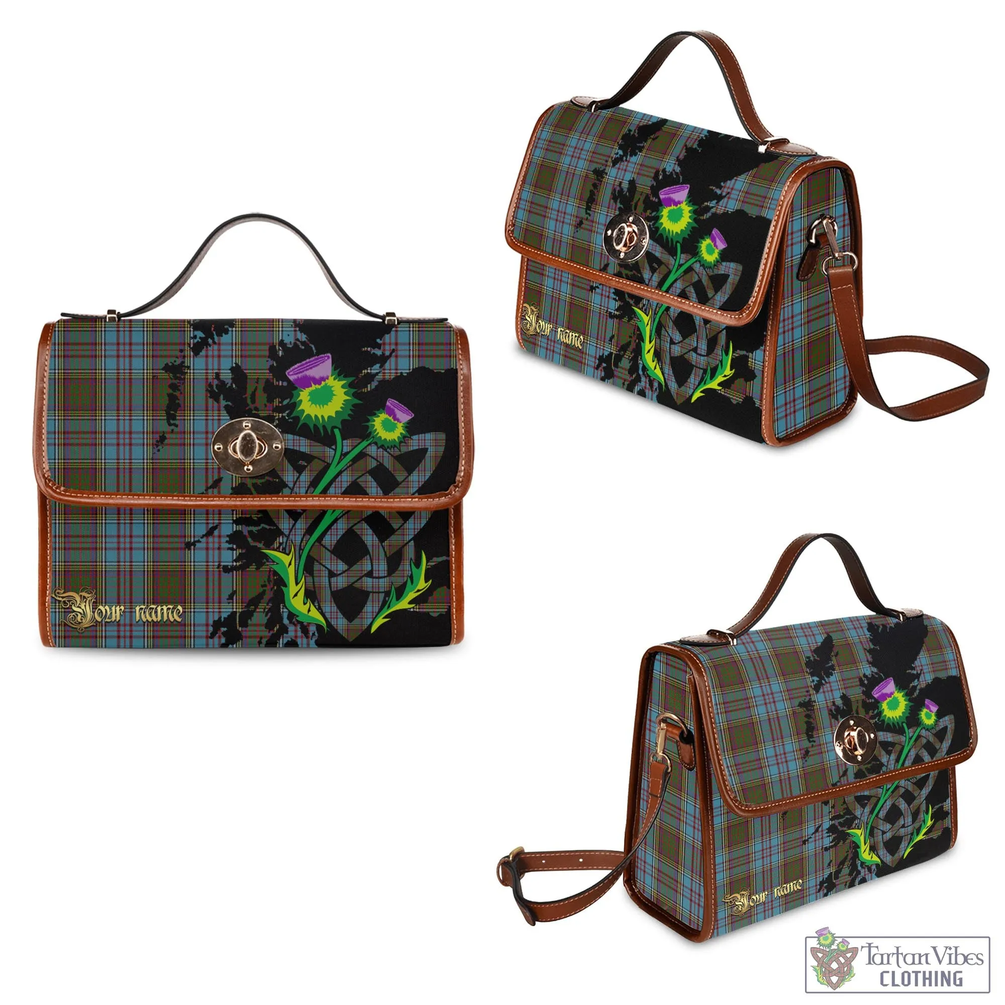 Anderson Tartan Waterproof Canvas Bag with Scotland Map and Thistle Celtic Accents