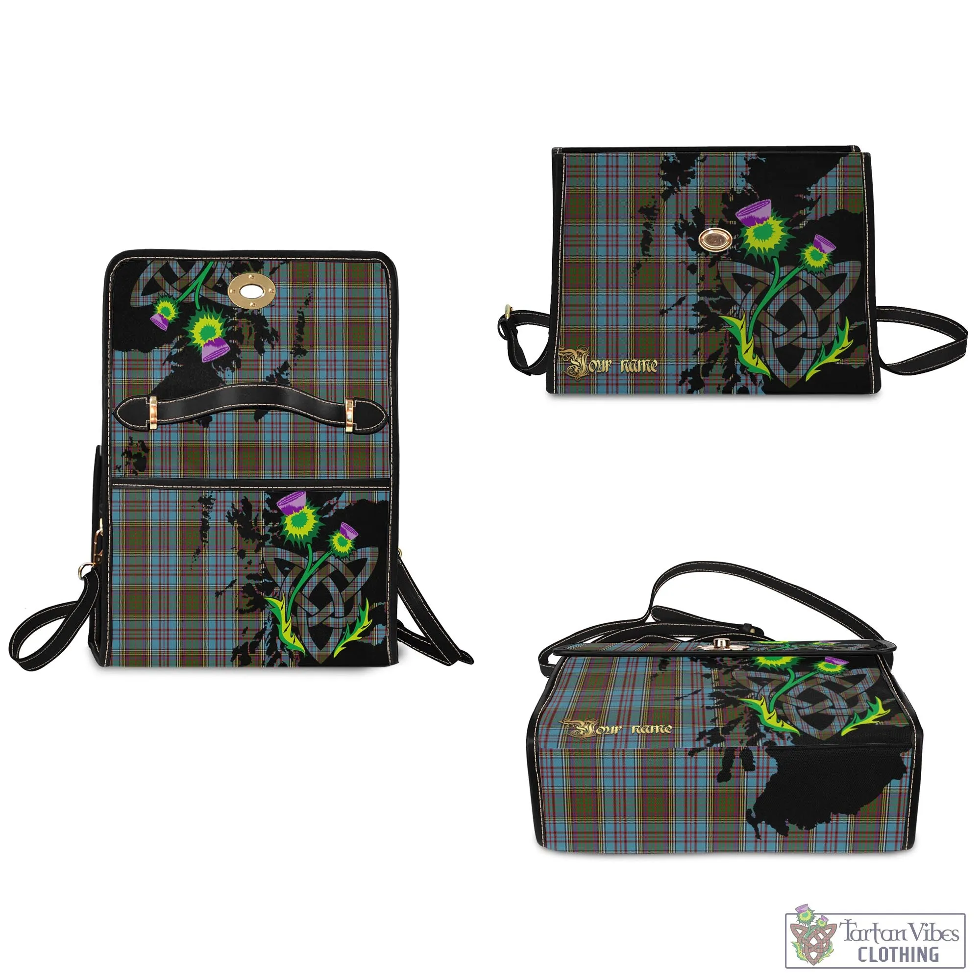 Anderson Tartan Waterproof Canvas Bag with Scotland Map and Thistle Celtic Accents