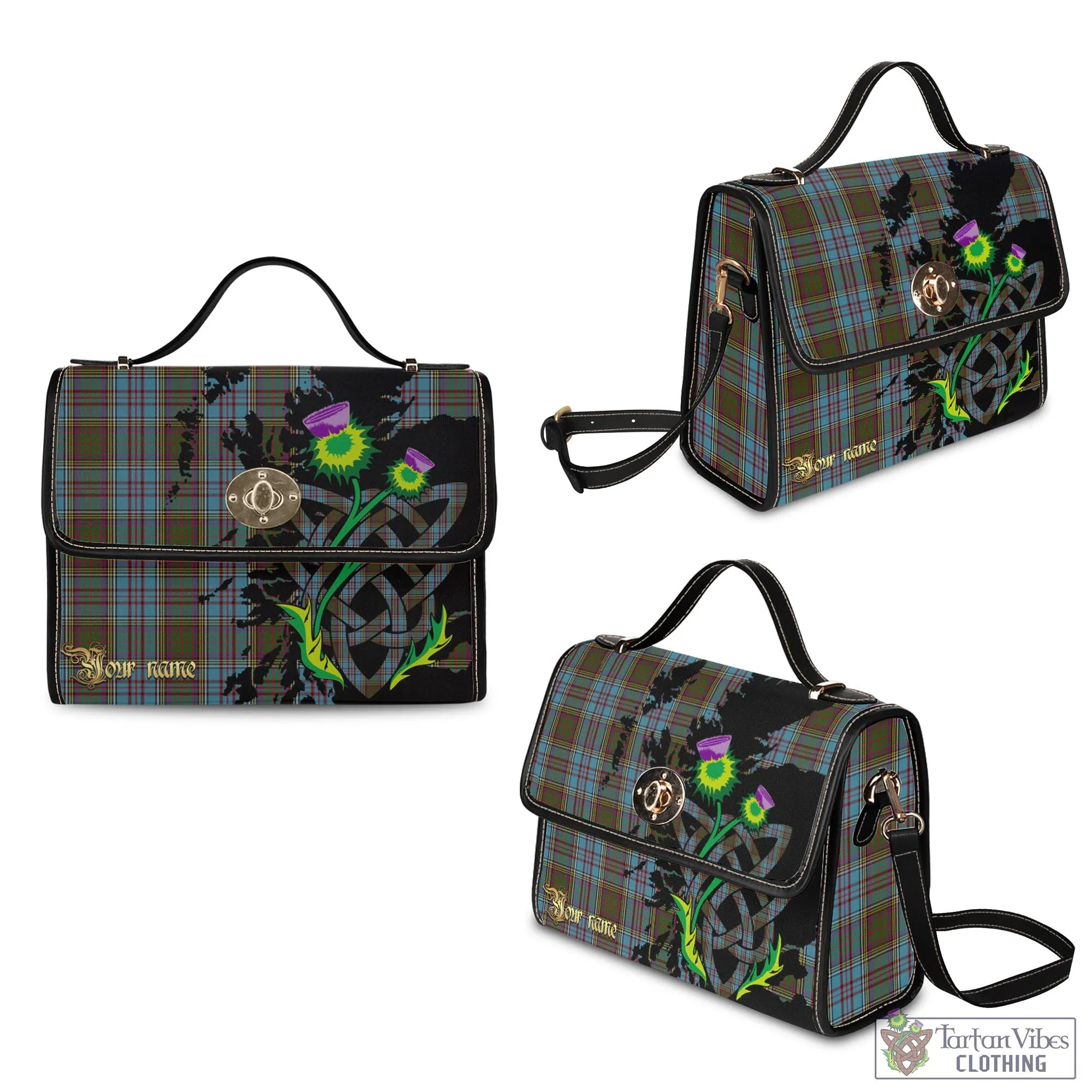 Anderson Tartan Waterproof Canvas Bag with Scotland Map and Thistle Celtic Accents