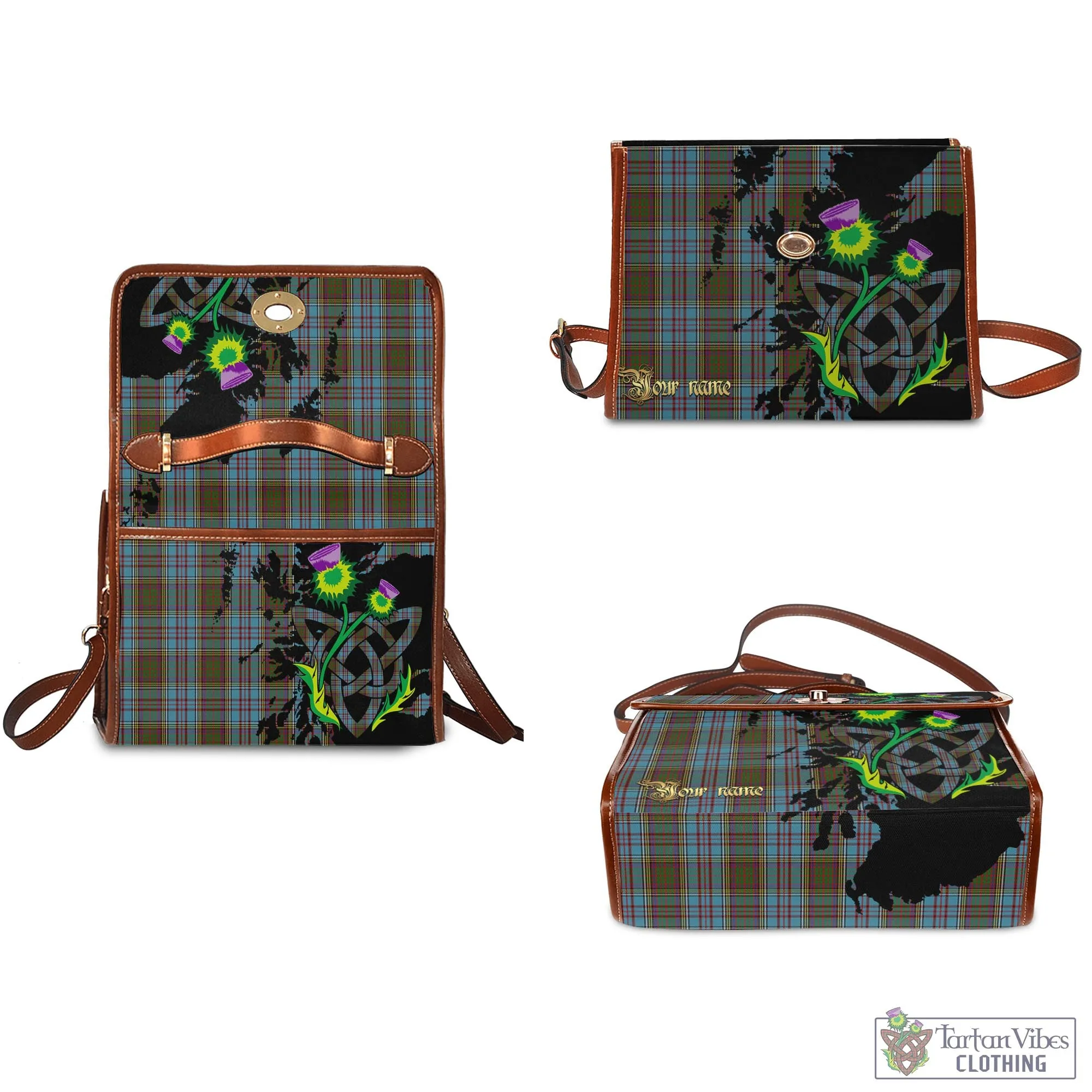 Anderson Tartan Waterproof Canvas Bag with Scotland Map and Thistle Celtic Accents