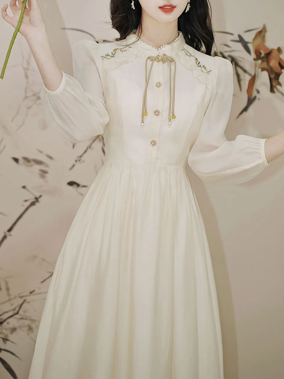 Apricot Embroidered Long Sleeve Vintage Dress with Belt