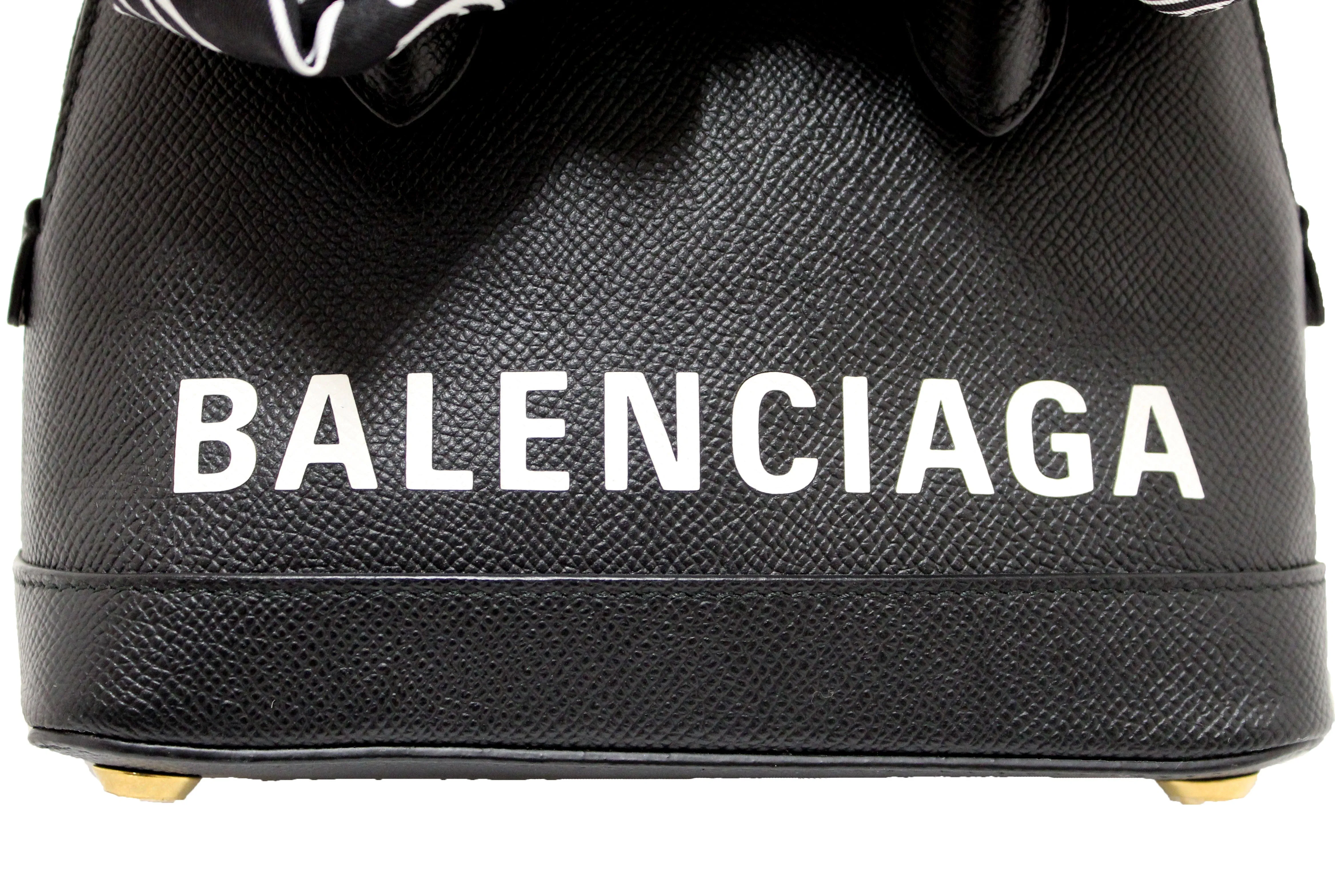 Authentic Balenciaga Black Grained Calfskin XXS Ville Top Handle Bag Scarf