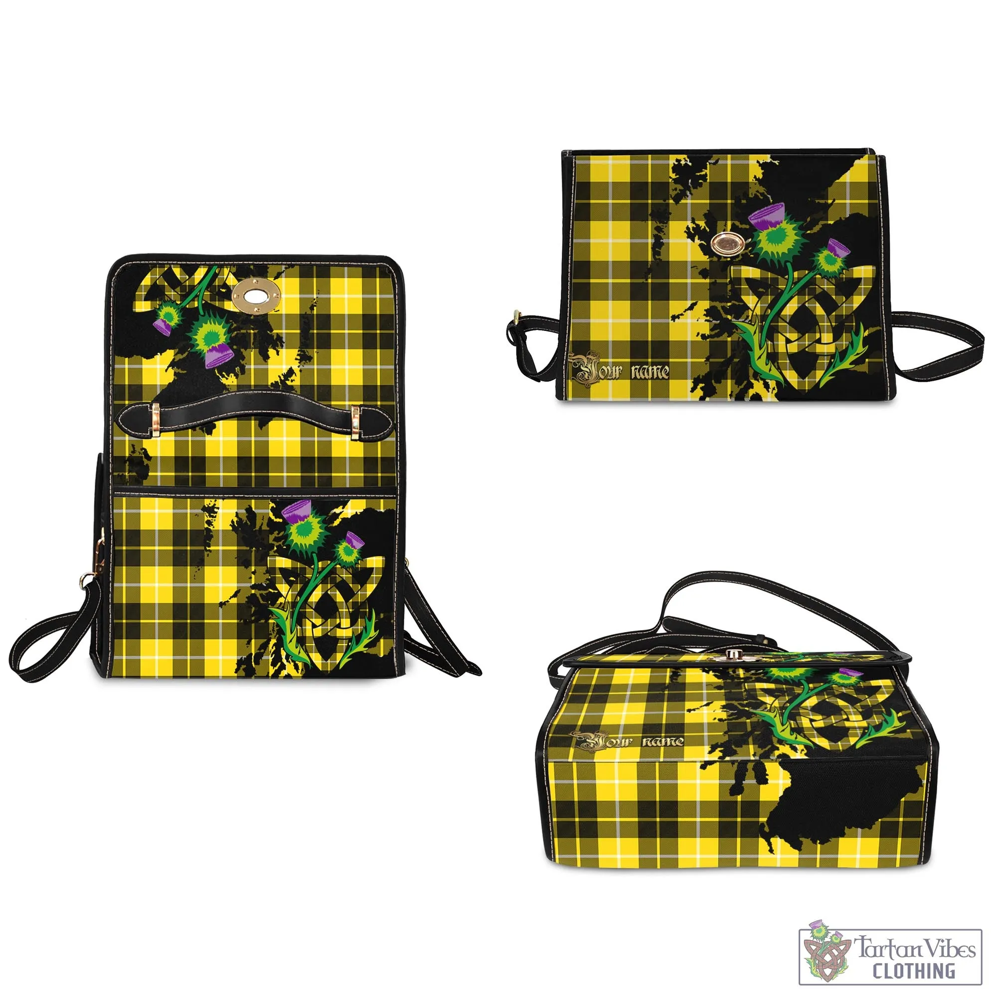 Barclay Dress Modern Tartan Waterproof Canvas Bag with Scotland Map and Thistle Celtic Accents