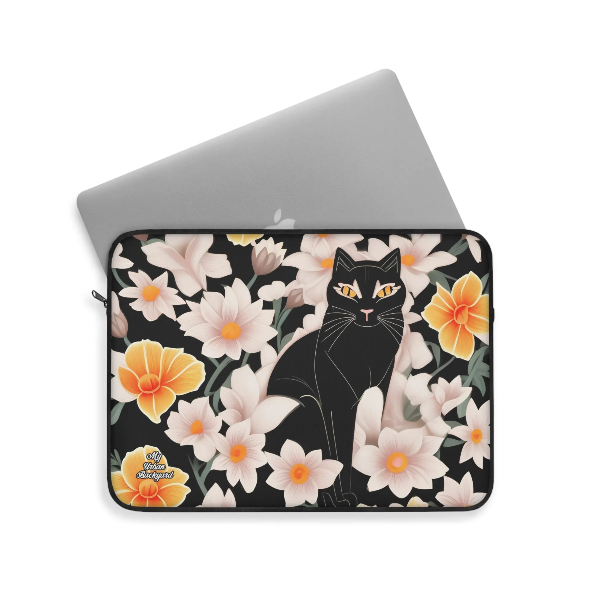 Black Cat with Flowers, Laptop Carrying Case, Top Loading Sleeve for School or Work