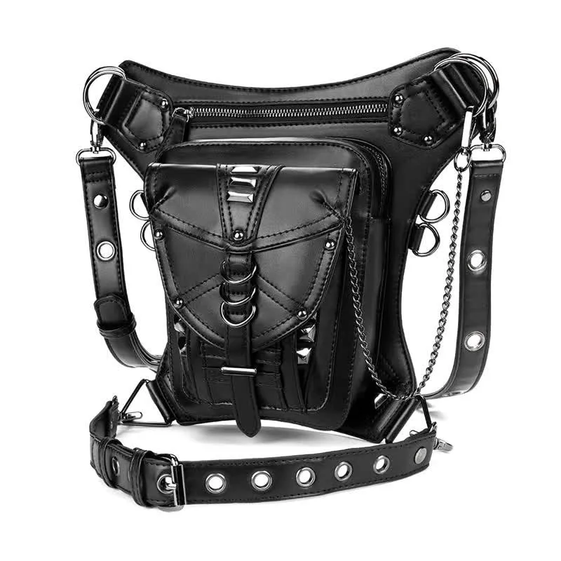 Black Motorcycle Punk Rivet Steampunk Waist Leg Bag