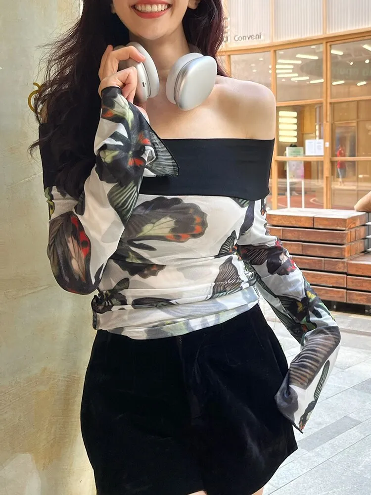 Bufferfly Print T Shirts For Women Slash Neck Flare Sleeve Pullover Casual Slim Temeprament T Shirt Female Fashion