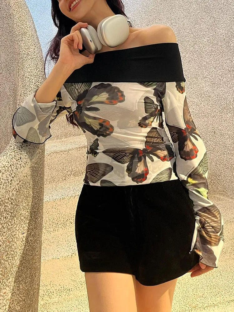 Bufferfly Print T Shirts For Women Slash Neck Flare Sleeve Pullover Casual Slim Temeprament T Shirt Female Fashion