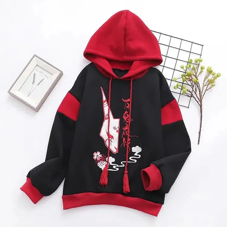 Cartoon Fox Mask Letter Embroidery Colorblock Drawstring Sweatshirt Hoodie