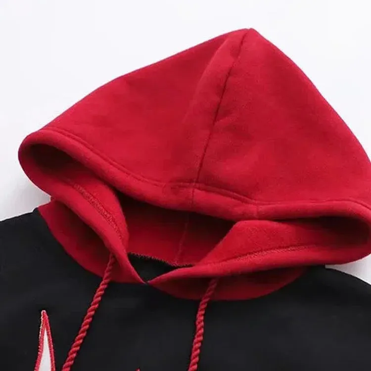 Cartoon Fox Mask Letter Embroidery Colorblock Drawstring Sweatshirt Hoodie