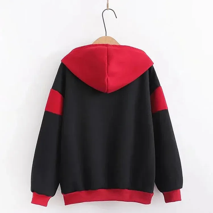 Cartoon Fox Mask Letter Embroidery Colorblock Drawstring Sweatshirt Hoodie