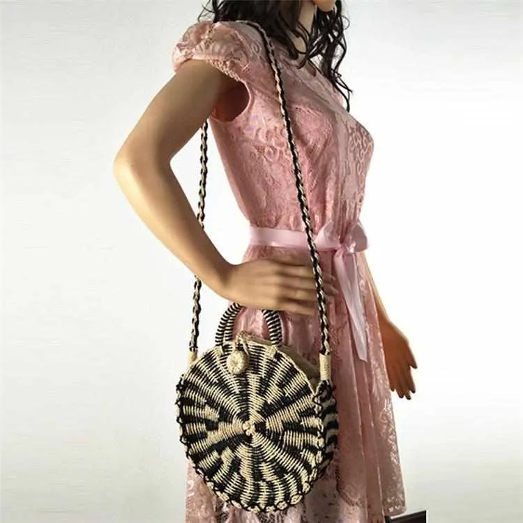 Chic Handmade Paper Rattan Woven Round Handbag