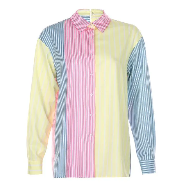 Cotton Colorblock Stripe Turn Down Collar Long Sleeve Casual Oversize Blouses