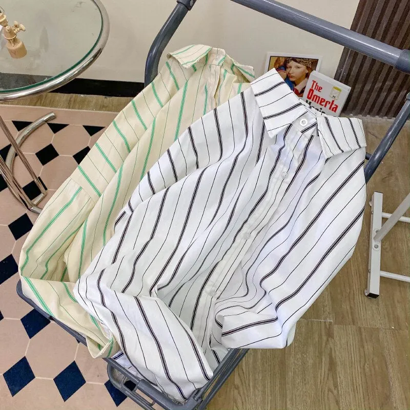 Cotton Women Striped Shirts Loose Fashion Korean Designed Button Up Ladies Shirt Long Sleeve White Cotton Tops