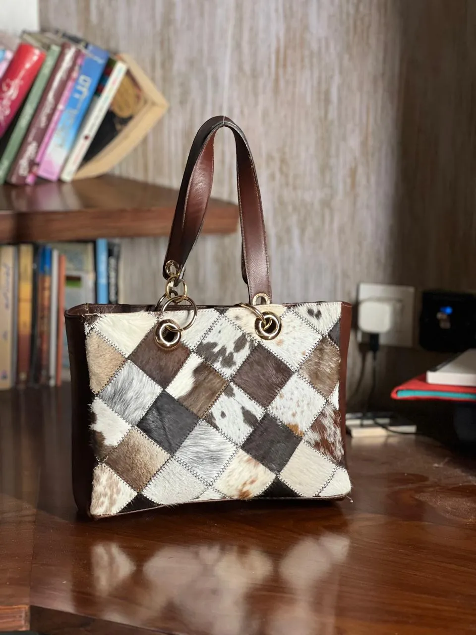 Cowhide Patchwork Leather Tote Bag For Women Genuine Leather Bag