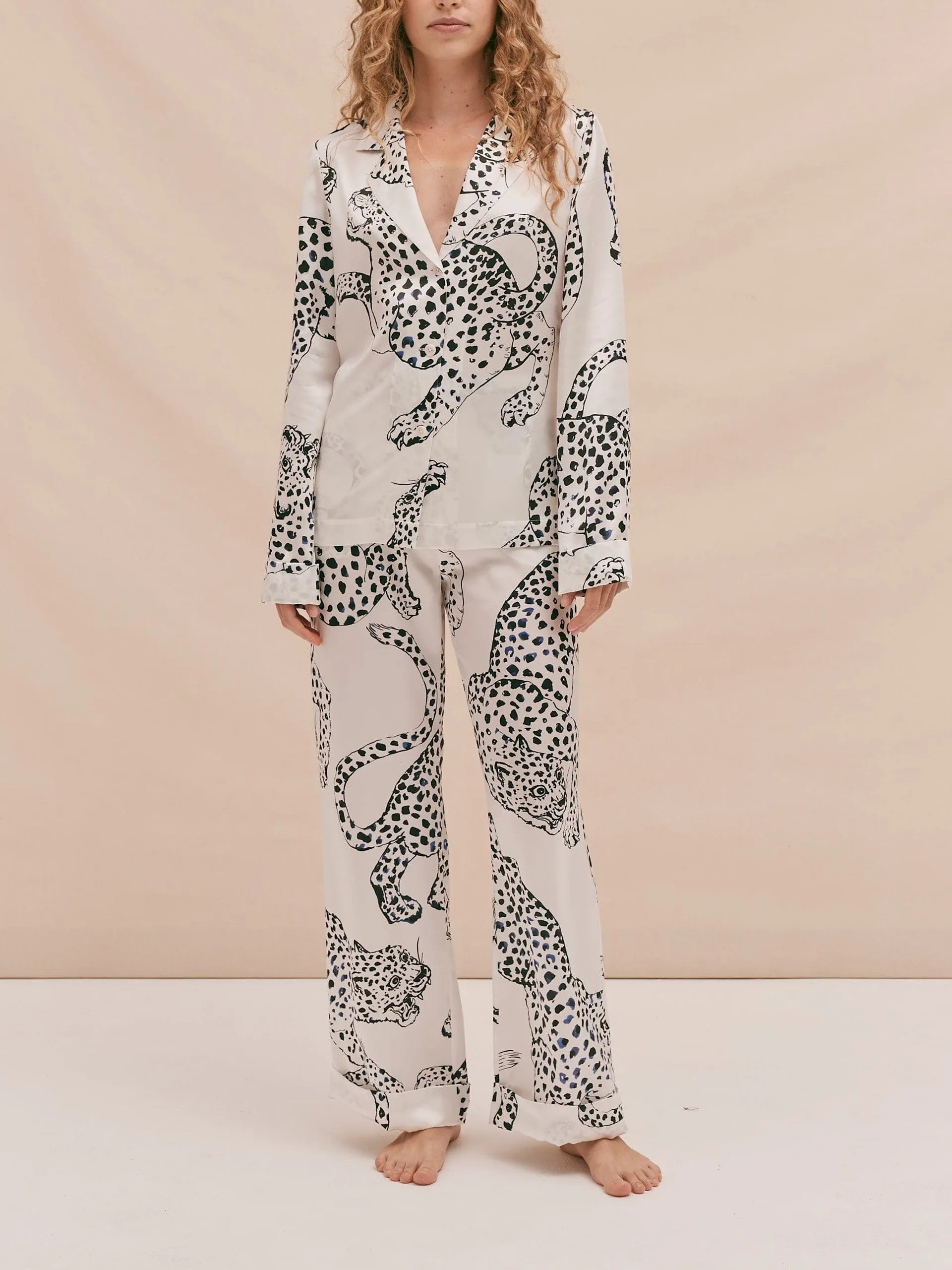 Cream The Jag print silk long pyjama set