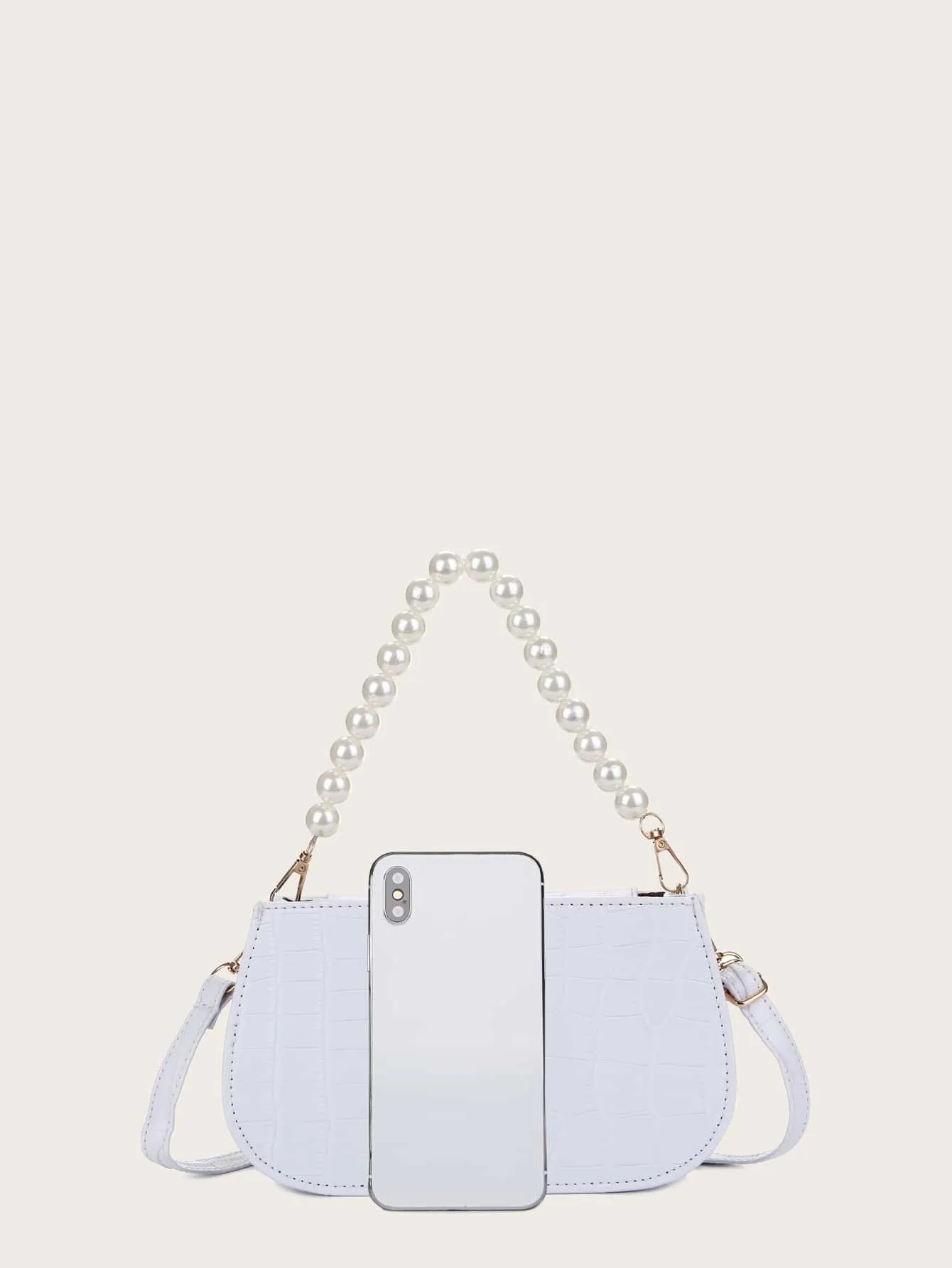 Croc Embossed Faux Pearl Strap Shoulder Bag