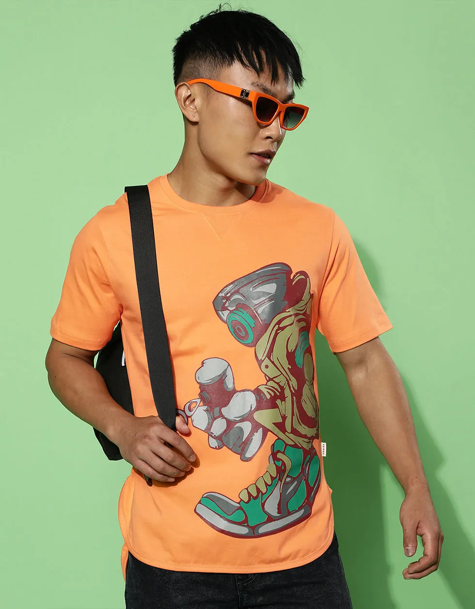 Crow Robo Orange Regular Fit Chest Graphic Printed Tshirt