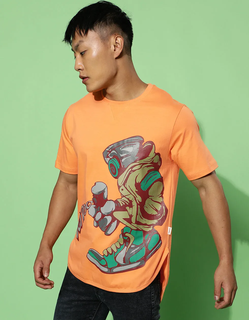 Crow Robo Orange Regular Fit Chest Graphic Printed Tshirt