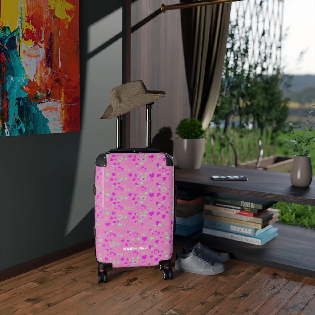 Cute Pink Hearts Cabin Suitcase, Valentine's Day Small Carry On Hard-Shell Durable Luggage