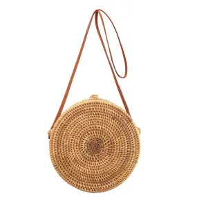 Cylindrical Plain Flap Round Straw Rattan Bag