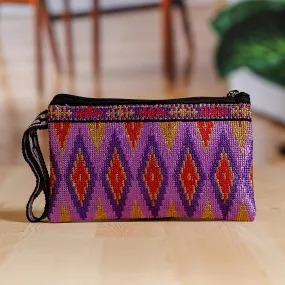 Diamond-Patterned Purple and Red Silk Cosmetic Bag - Glamorous Jewels | NOVICA