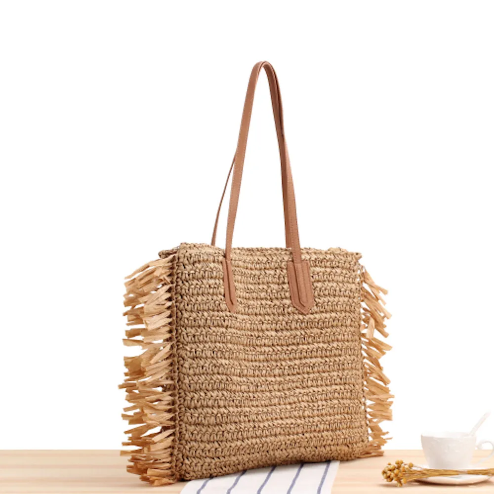 Elena Handbags Large Straw Beach Bag with Tassel