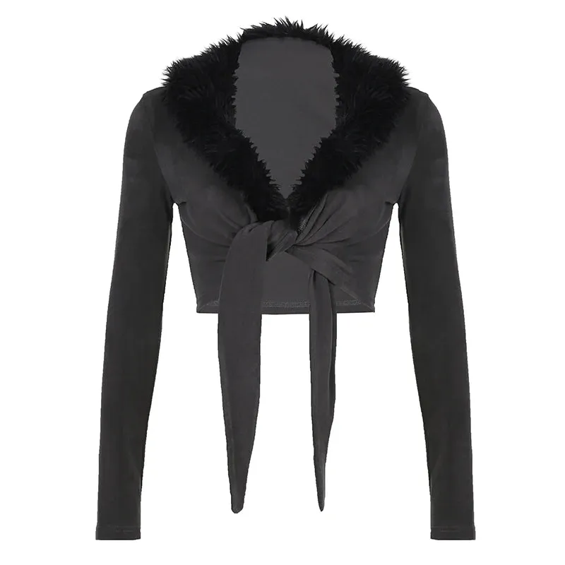 Fashion Fluffy Autumn T shirt Female Faux Fur Trim Collar Crop Top Cardigan Vintage Front Tie-Up Sexy Outwear Jacket