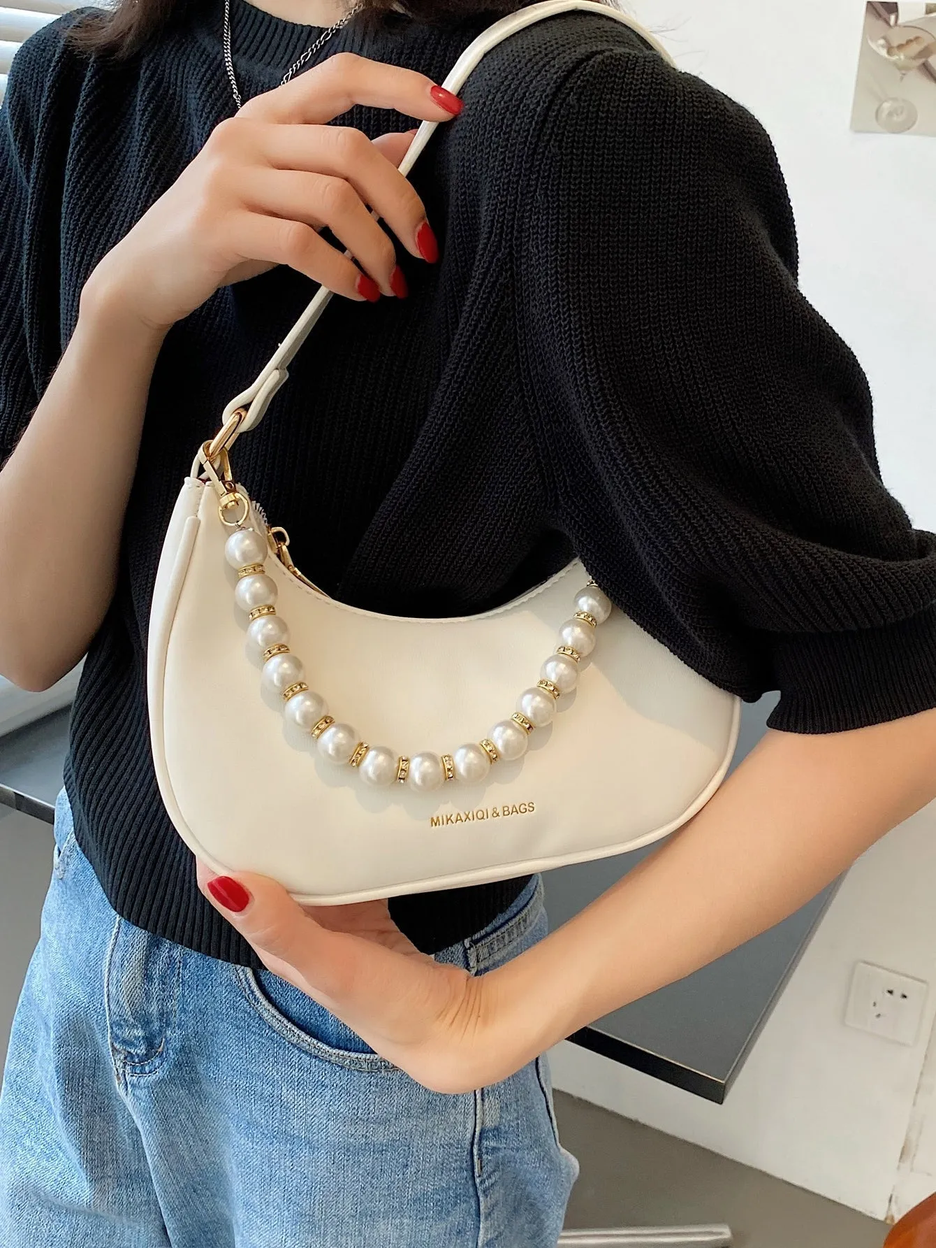 Faux Pearl Beaded Baguette Bag