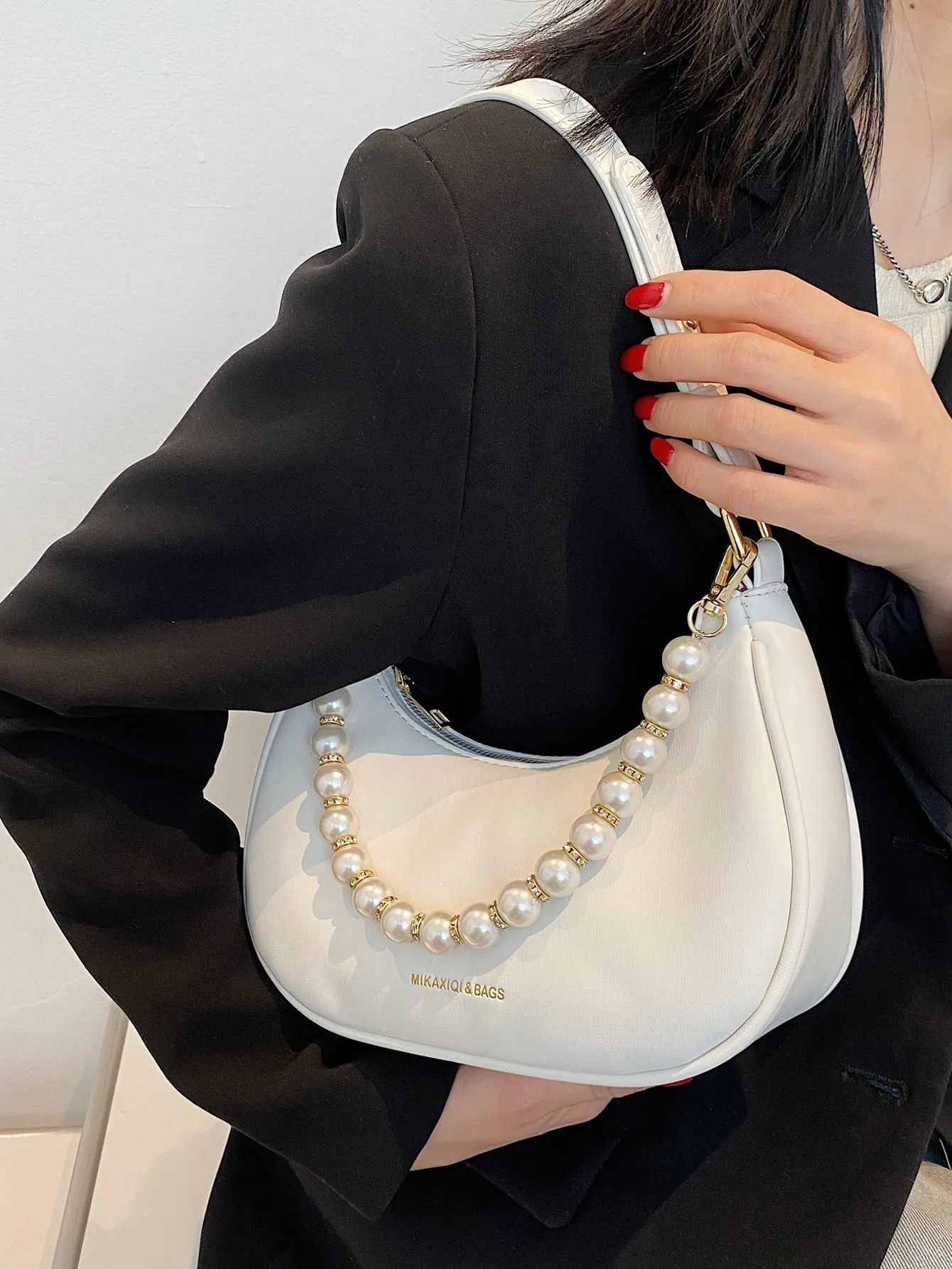 Faux Pearl Beaded Baguette Bag