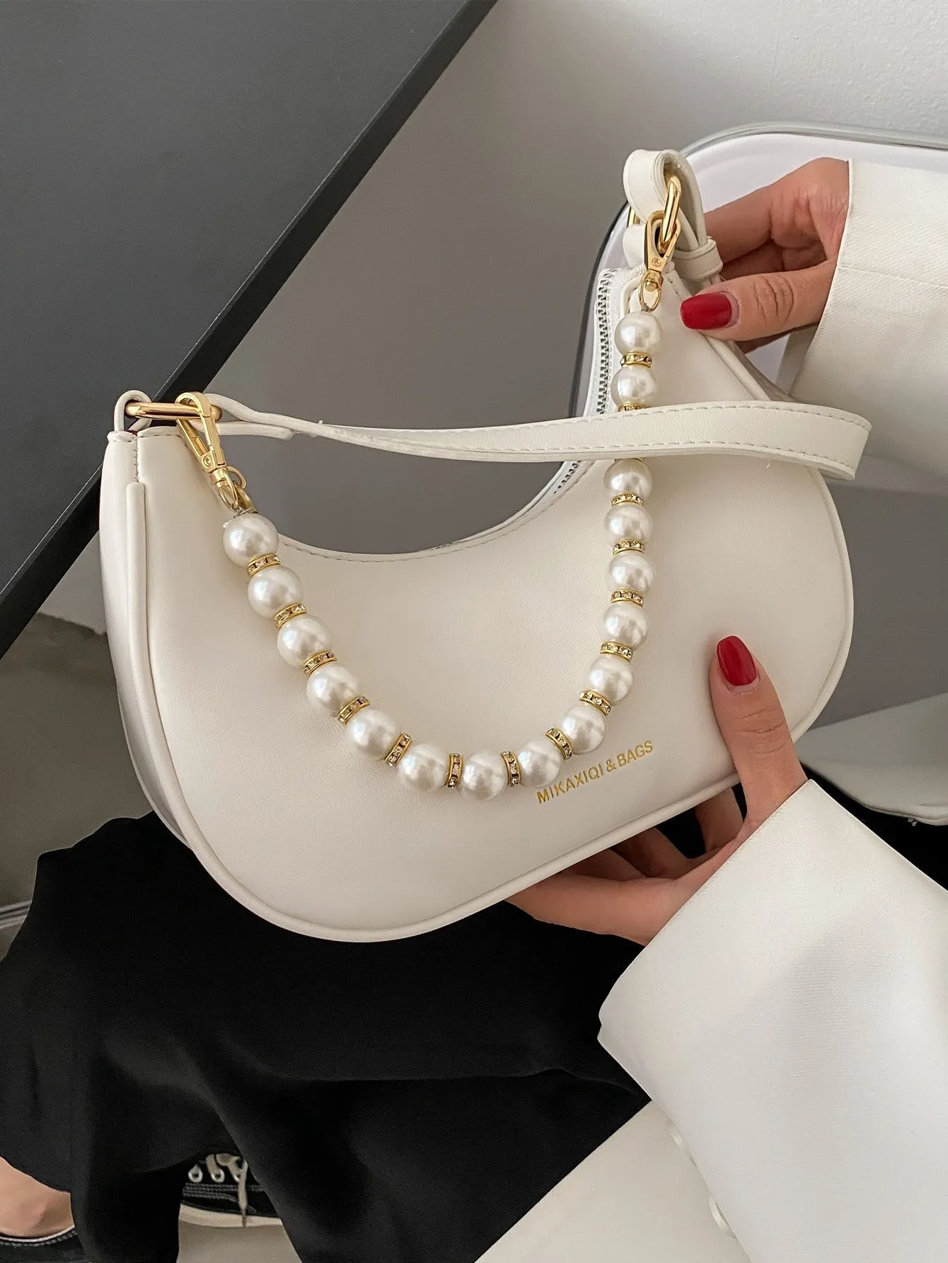 Faux Pearl Beaded Baguette Bag