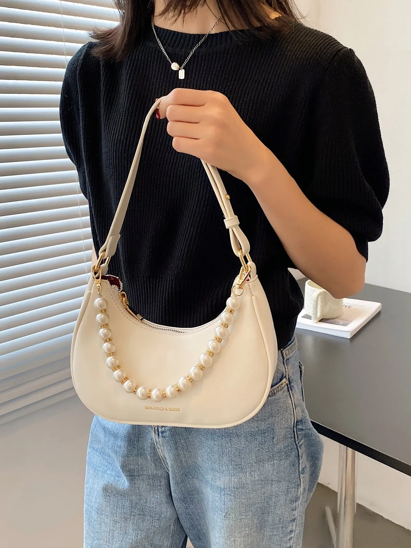 Faux Pearl Beaded Baguette Bag