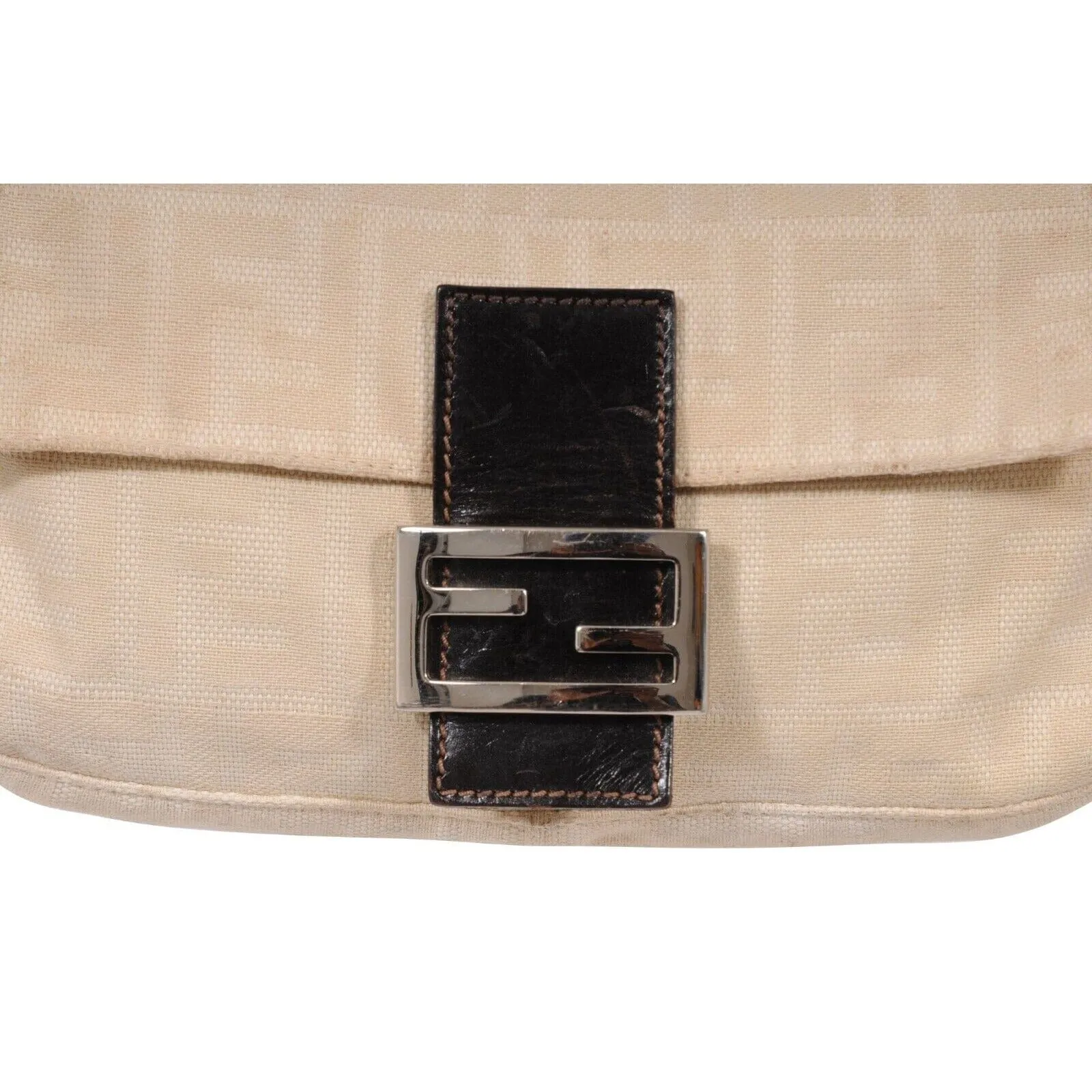 Fendi FF Logo Vintage Zucca Baguette Flap Shoulder Bag Tan Brown Leather Strap