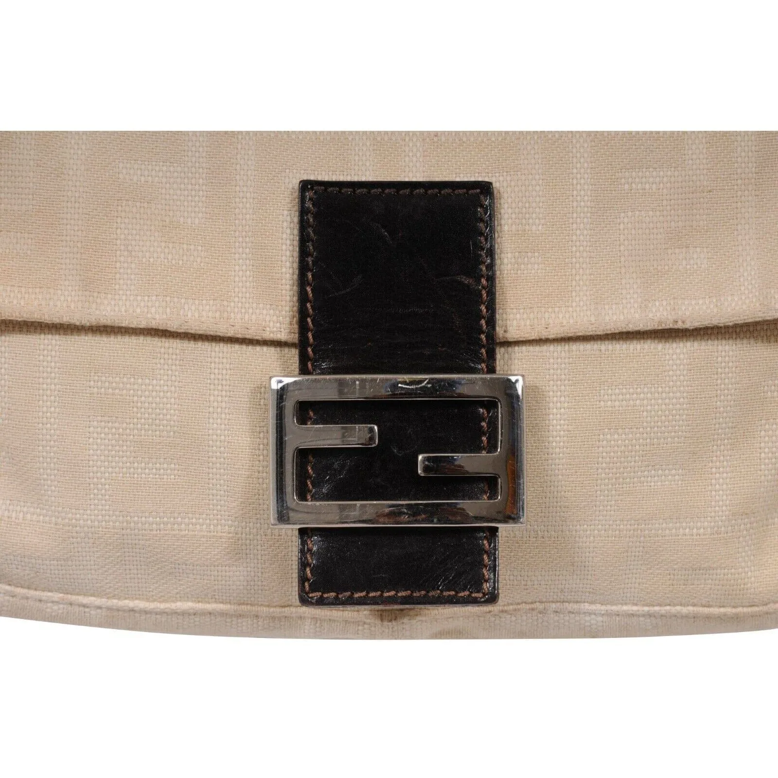 Fendi FF Logo Vintage Zucca Baguette Flap Shoulder Bag Tan Brown Leather Strap