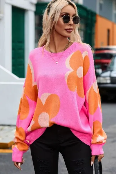 Flower Round Neck Dropped Shoulder Sweater