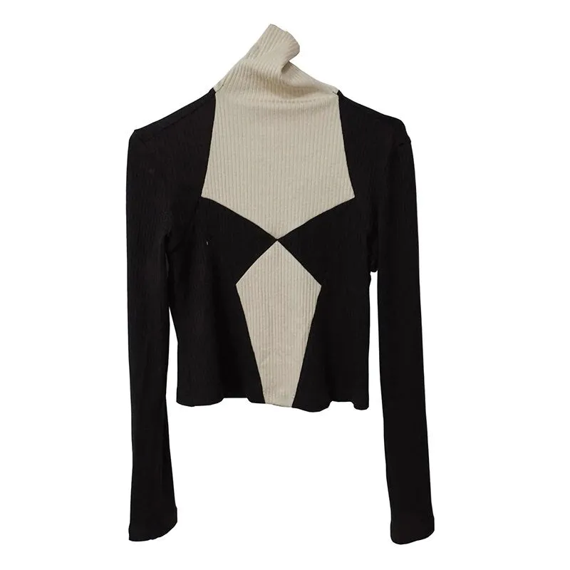 Geometric Patchwork Sweater For Women Turtleneck Long Sleeve Hit Color Slim Knitted Tops Female Autumn