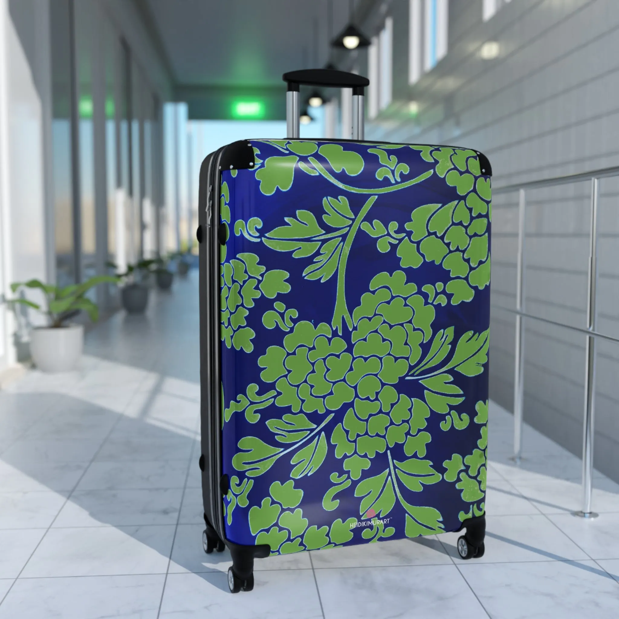 Green Blue Floral Print Suitcase, Abstract Oriental Style Floral Print Designer Suitcases, Travel Bag Suitcases (Small, Medium, Large)