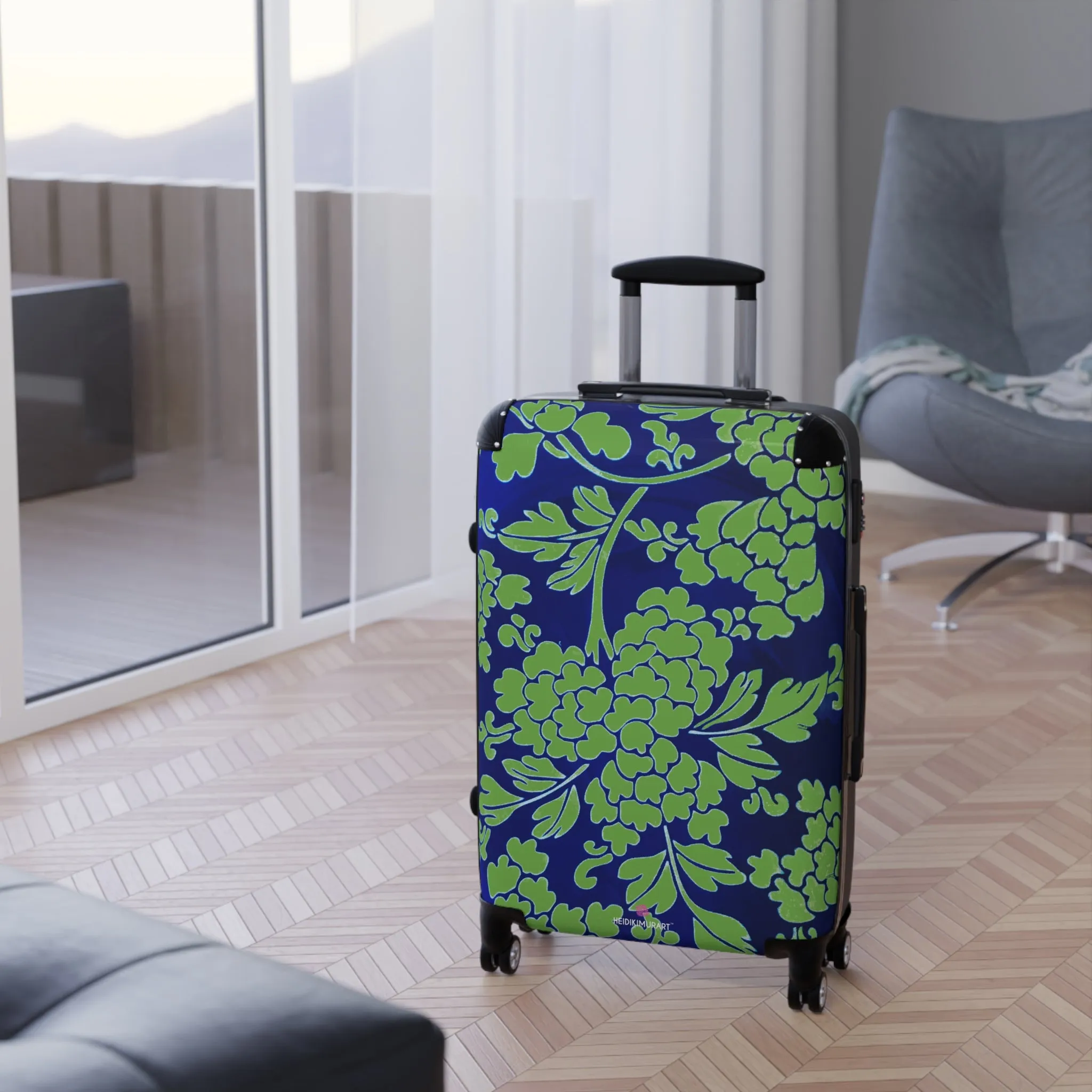 Green Blue Floral Print Suitcase, Abstract Oriental Style Floral Print Designer Suitcases, Travel Bag Suitcases (Small, Medium, Large)