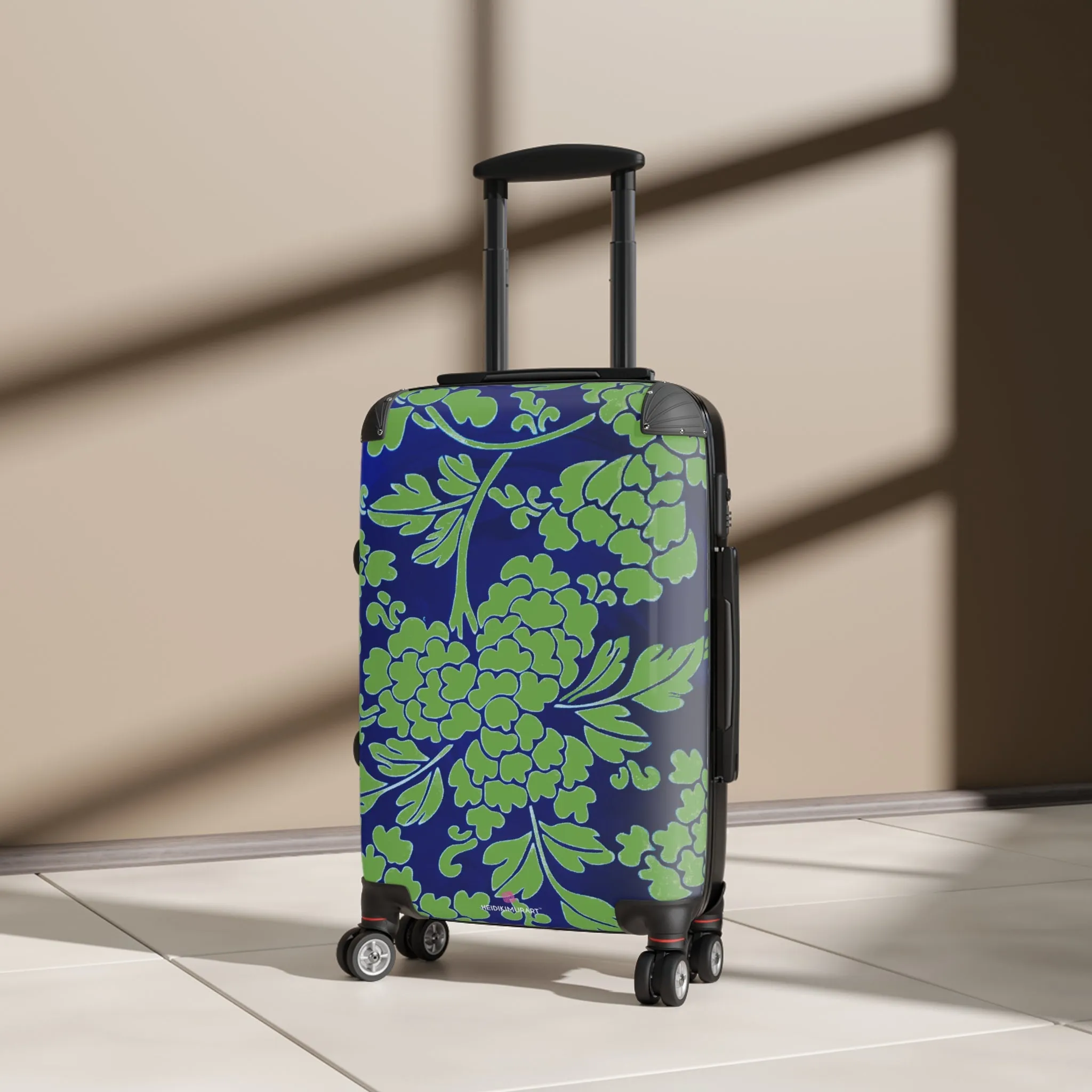 Green Blue Floral Print Suitcase, Abstract Oriental Style Floral Print Designer Suitcases, Travel Bag Suitcases (Small, Medium, Large)