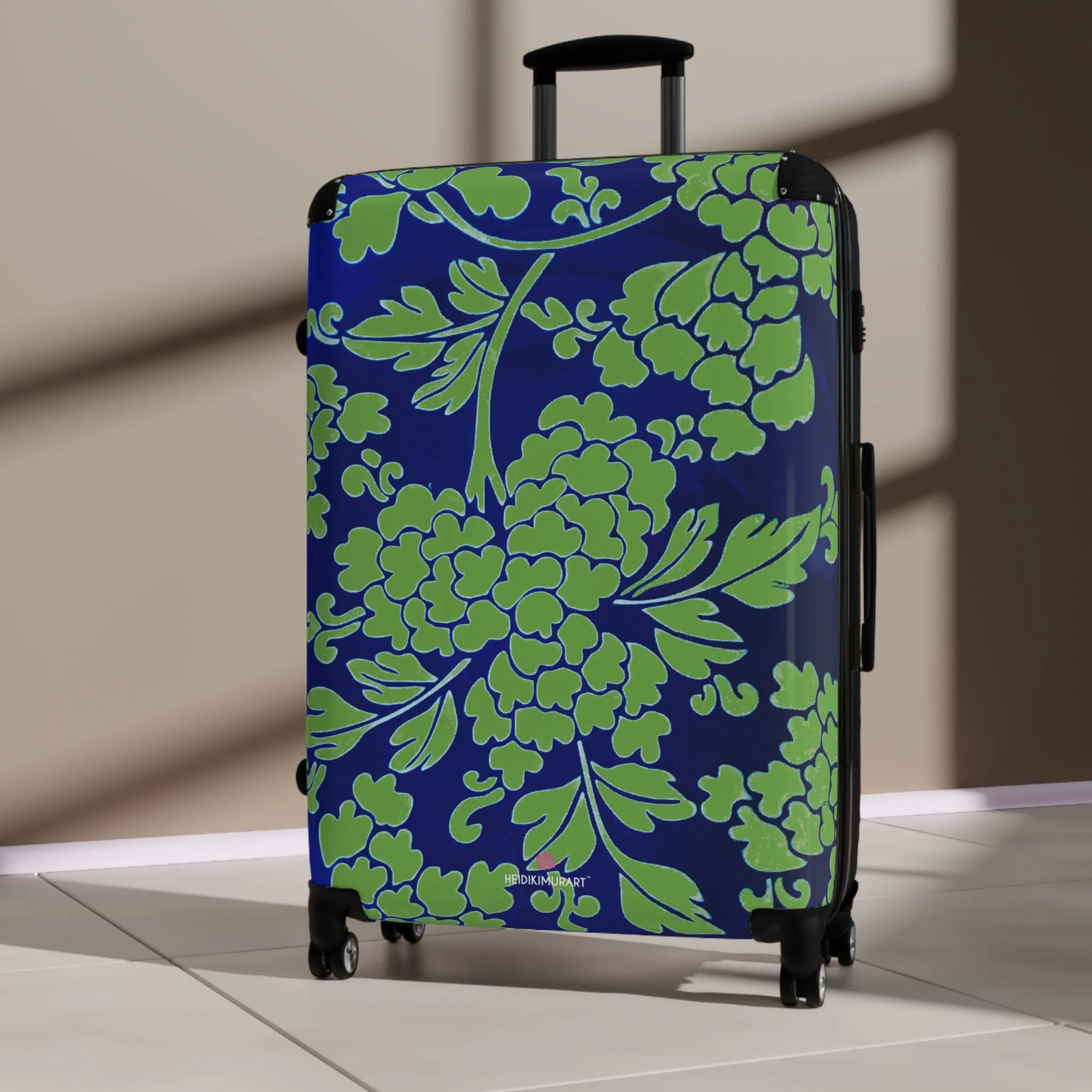 Green Blue Floral Print Suitcase, Abstract Oriental Style Floral Print Designer Suitcases, Travel Bag Suitcases (Small, Medium, Large)