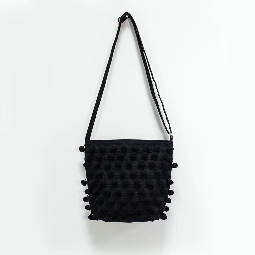 Ha Leh Pom Pom Crossbody Shoulder Bag in Black