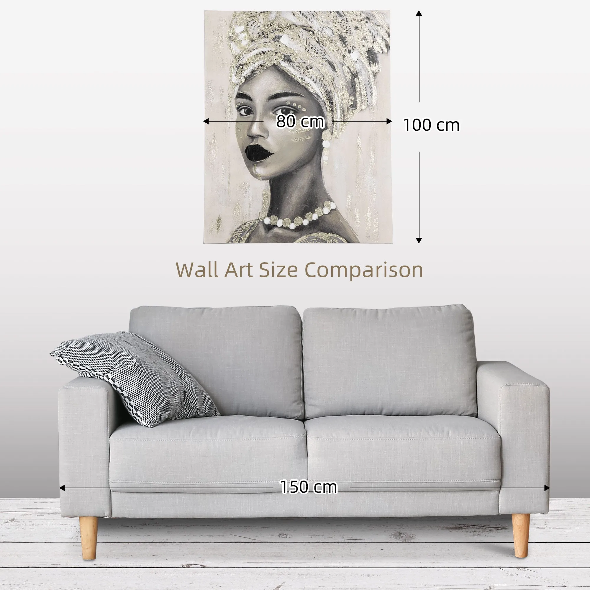 Hand-Painted Canvas Wall Art Gold African Woman, Wall Pictures for Living Room Bedroom Decor, 100 x 80 cm