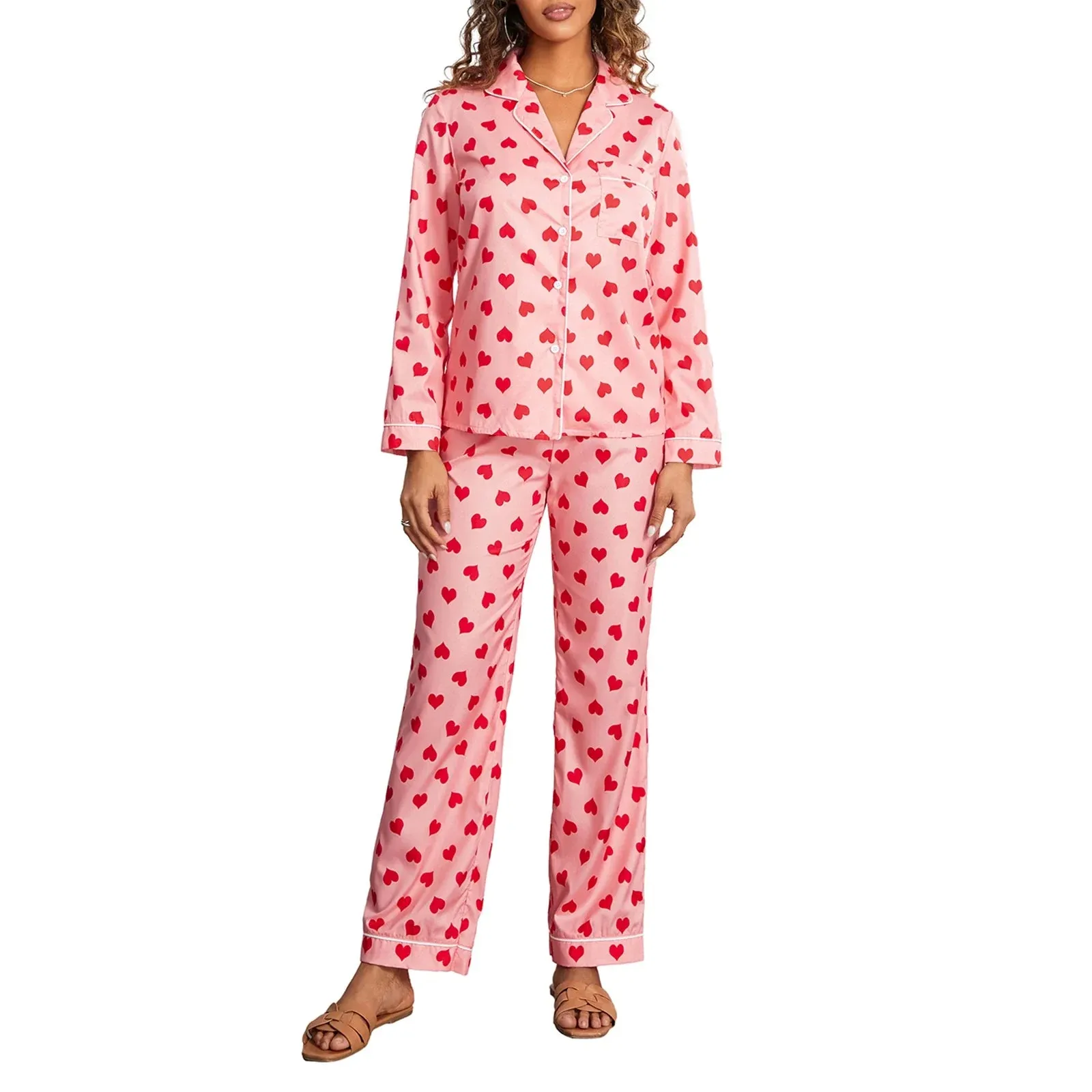 Heart Print Long Sleeve Button Closure Tops Pants Loungewear Cotton Pajamas