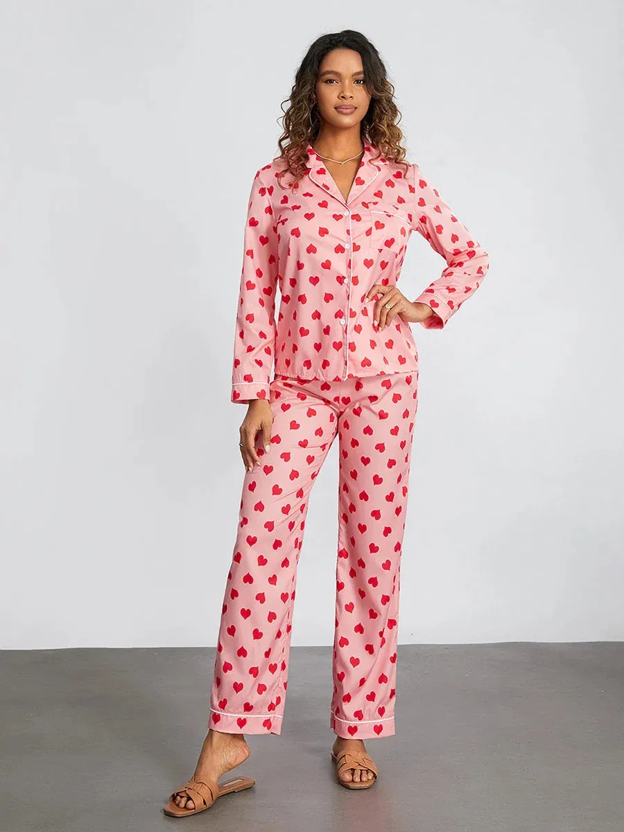 Heart Print Long Sleeve Button Closure Tops Pants Loungewear Cotton Pajamas