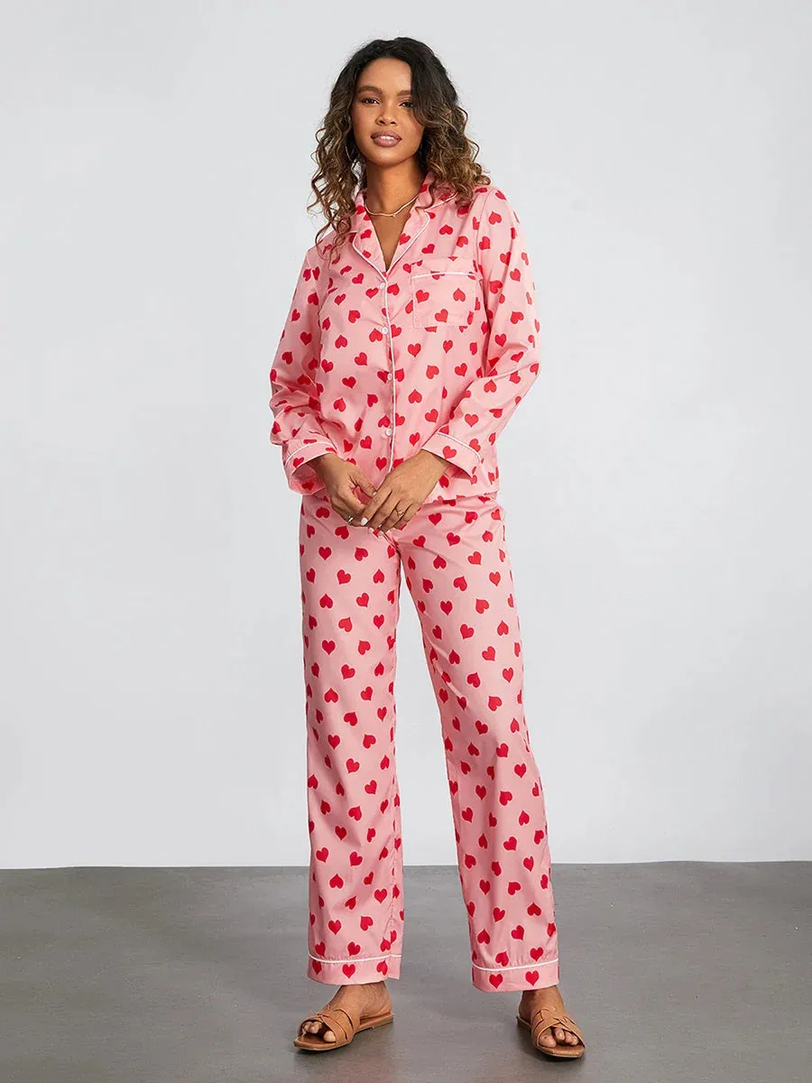 Heart Print Long Sleeve Button Closure Tops Pants Loungewear Cotton Pajamas